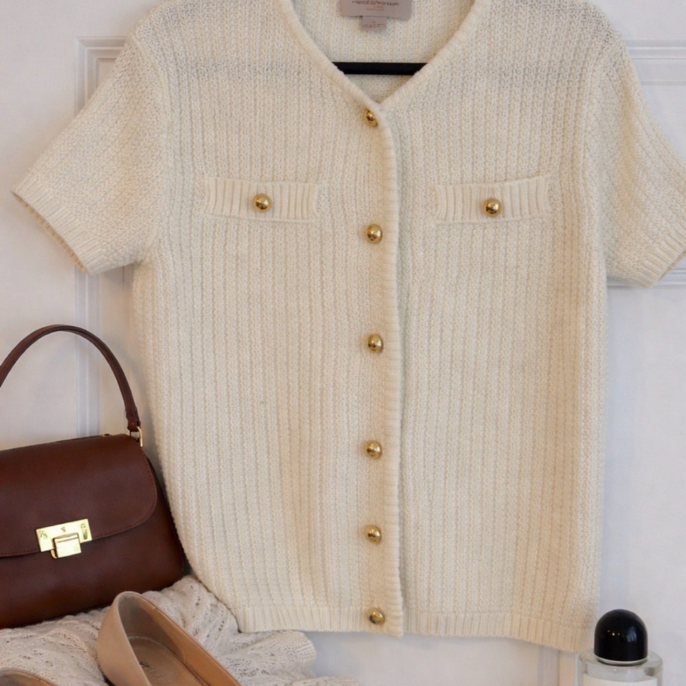 French Connection Size Small Off White Knit Cardigan with Gold Buttons EUC